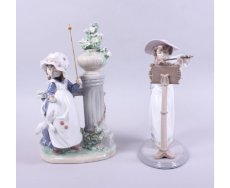 A Lladro figure of a girl playing the flute, 6093, 9 1/2" high, and another Lladro figure of a girl, "Glorious Spring", 11" h