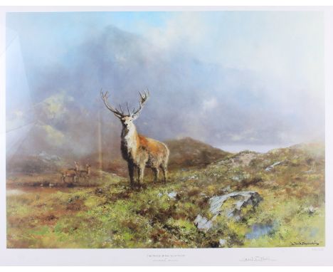 David Shepherd: a limited edition print, "The Prince of Rannoch Moor" landscape with stag and doe, 256/650, and a print of a 
