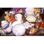 A leopard print teapot, three bird decorated jugs and other decorative china, etc