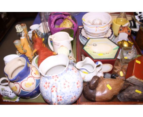 A leopard print teapot, three bird decorated jugs and other decorative china, etc