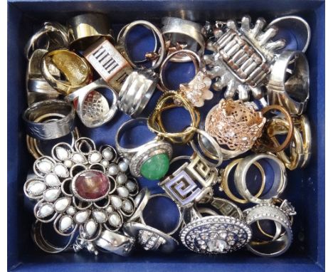 SELECTION OF SILVER AND OTHER RINGSincluding enamel, marcasite and stone set examples, 1 box