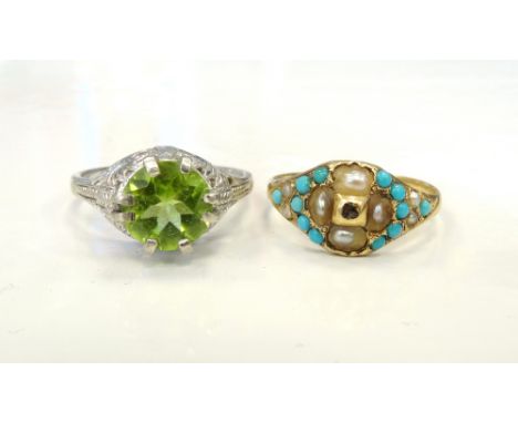 PERIDOT SINGLE STONE RINGon ten carat white gold shank, ring size M; together with a Victorian diamond, turquoise and seed pe