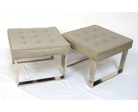 PAIR OF SQUARE LEATHER BUTTON TOP STOOLSraised on straight chrome legs with stretchers, the tops approximately 62.5cm square