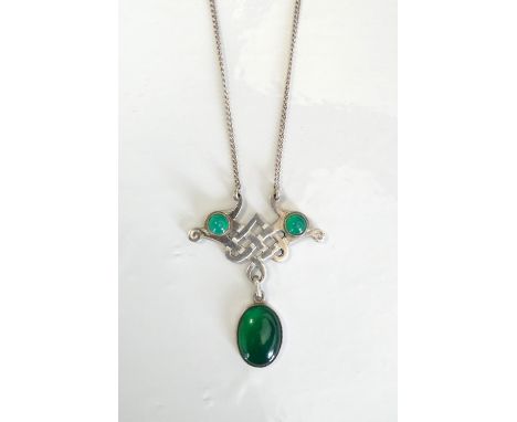 JOHN HART IONA SILVER AND AGATE NECKLACEthe drop pendant section of Celtic knot design set with green cabochon agate