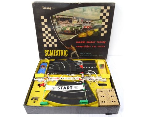 VINTAGE TRI-ANG SCALEXTRIC SETin original box with instructions, battery power pack, blue and yellow Lister Jaguar, track and
