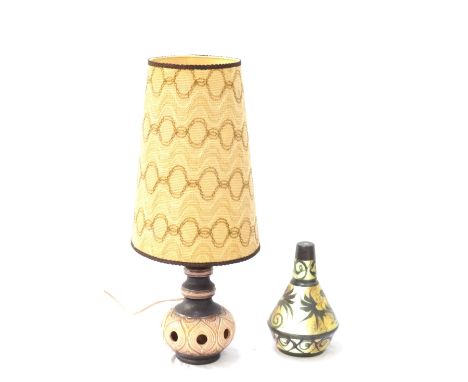 RETRO 1970's POTTERY TABLE LAMPwith long tapering shade, 72cm total height; and a period pottery lamp base with stylised bird