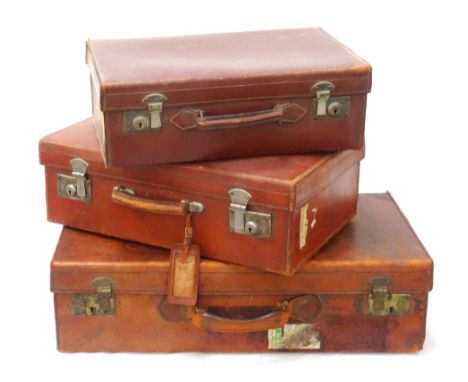 VINTAGE LEATHER BOUND SUITCASEwith key, and two smaller leather bound examples (3)