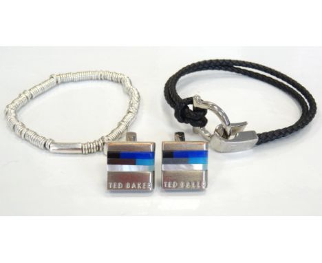 SELECTION OF DESIGNER JEWELLERYcomprising a pair of Ted Baker Cufflinks, a Salvatore Ferragamo Gancio leather braided bracele