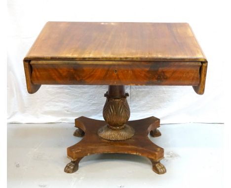 WILLIAM IV MAHOGANY SOFA TABLEwith single drawer, on pedestal support with lower carved acanthus leaf detail, raised on quatr