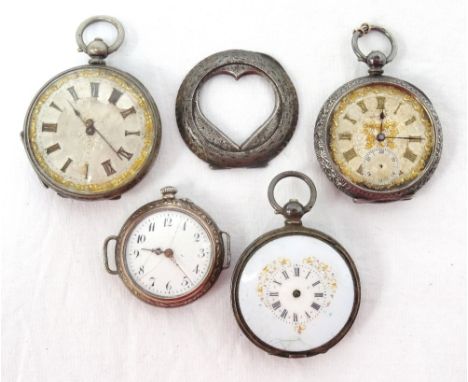 THREE SILVER CASED POCKET WATCHESlate 19th/early 20th century, with Roman numerals on silvered and enamel dials, floral/scrol