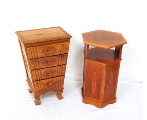 SHAPED TEAK CHESTwith a carved leaf border to the top above four shaped and carved drawers, standing on shaped supports, 70cm