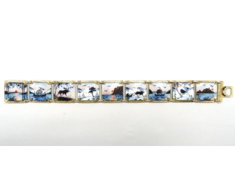 ATTRACTIVE NORWEGIAN ENAMEL DECORATED SILVER GILT BRACELETby Elvik & Co., the panel links depicting landscapes, seascapes, re
