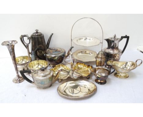 LARGE SELECTION OF SILVER PLATEincluding a mollusc shell shaped dish with a glass liner, two circular lidded dishes, trumpet 