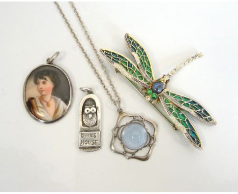 SELECTION OF SILVER AND OTHER JEWELLERYcomprising a floral and motif decorated bangle, a hand painted portrait pendant in sil