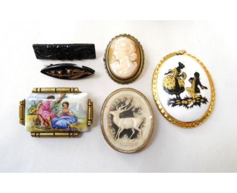 VICTORIAN SEED PEARL SET BROOCHa period brooch with stag under glass 4.2cm high x 3.5cm wide, small jet brooch, vintage Limog