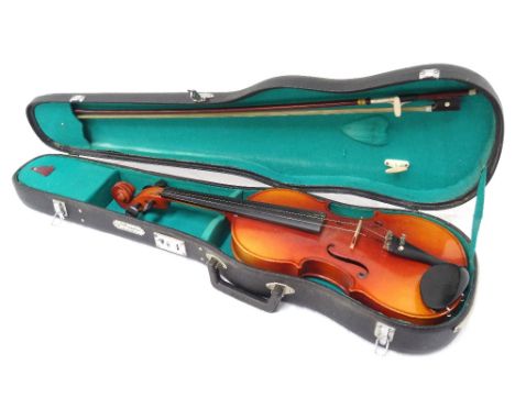 CHINESE 'SKYLARK BRAND' VIOLINwith 14 1/4" two piece back (excluding button), with bow, accessories and fitted carrying case
