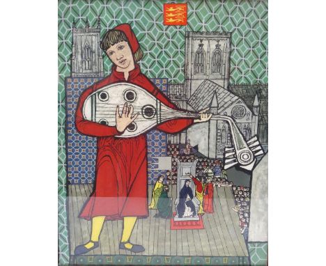 COLOURFUL 1960's PRINTdepicting a medieval minstrel playing a lute with a Coronation and cathedral in the background, 55.5cm 