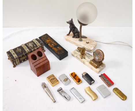 LOT OF COLLECTABLESincluding French Art Deco style desk lamp and desk calendar, Eastern trinket box with bone overlaid decora