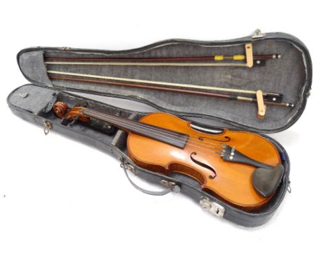 VIOLINwith 14 1/4" one piece back (excluding button), with two bows, 'Resonans' shoulder rest and small accessories, with car