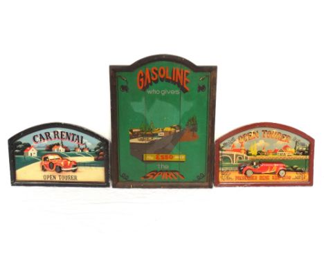 TWO REPRODUCTION CAR ADVERTISING HAND PAINTED WOODEN SIGNSboth with relief car decoration, 40cm high x 60.5cm wide; and a lar