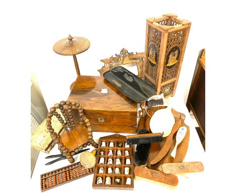 Large selection of assorted wooden items includes lamp Writing box, small chair etc 