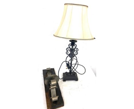 Wall hanging candle stick and a wrought iron lamp, untested 