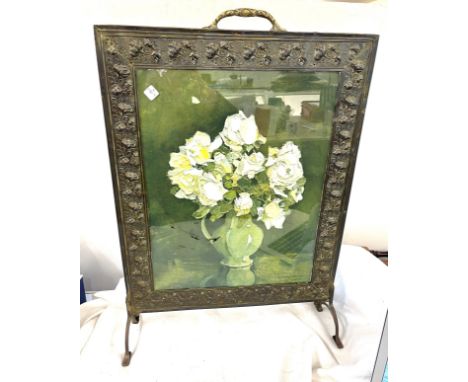 Vintage brass framed fire screen measures approx 27 inches tall 19 inches wide 