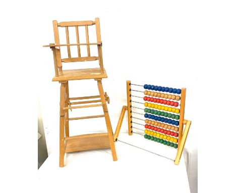 Small Vintage metamorphic high chair and a wooden framed abacus 