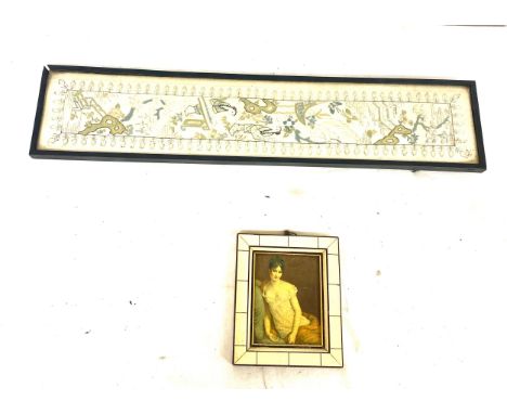 Framed embroidery measures approximately 20 inches tall 4 inches wide and a small framed print of Madame Recamier Gerard 