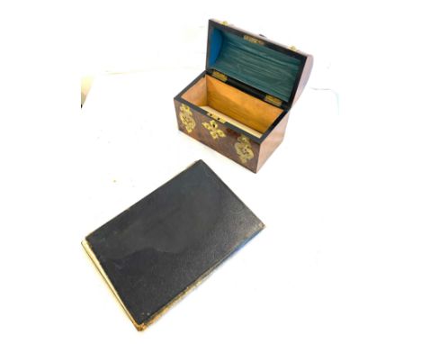 A satinwood blotting pad and a satinwood tea caddy ( possibly ) both with brass bounds- no key 