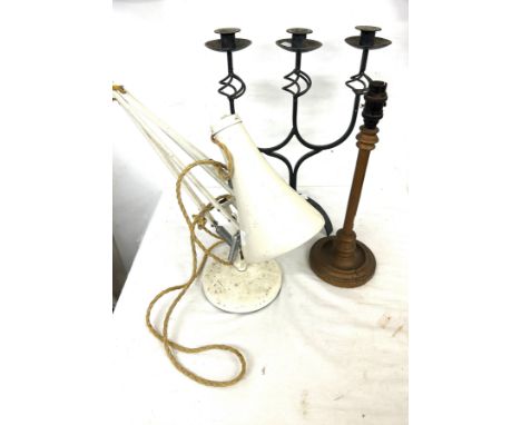 Vintage anglepoise lamp, metal candlestick holder, converted gas lamp, all untested 