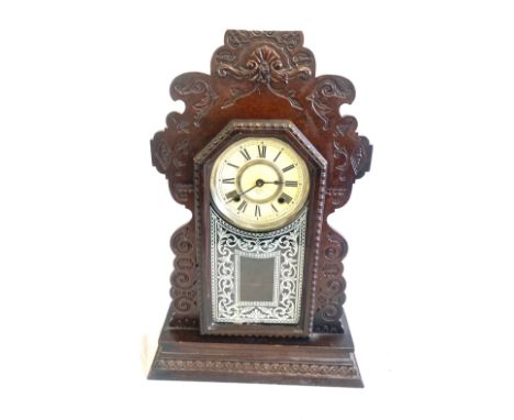 Vintage mahogany carved 2 key hole mantel clock, untested 