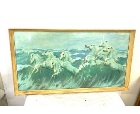 Large framed 60s print of galloping horses in the waves measures approx 33.5 inches wide 18.5 inches tall 