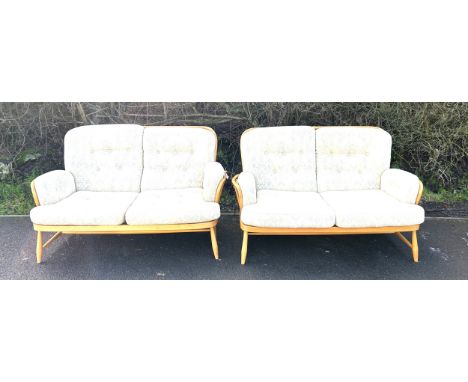 Pair Ercol blonde 2 seater sofas with upholstered cushions, both in overall good condition, approximate measurements: Height 