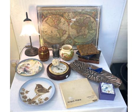 Selection of items to include working table lamp, framed map, collectors plates, cased spoons etc 