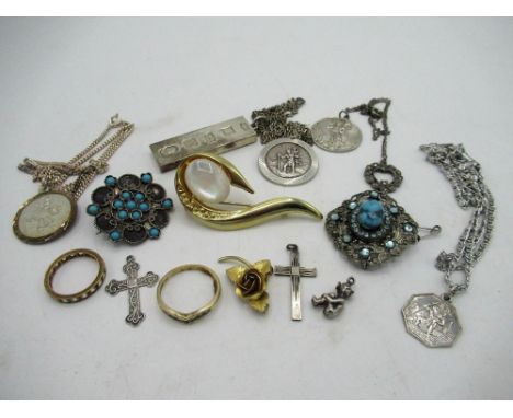 Hallmarked Sterling silver ingot charm L4.5cm,  and four silver St Christopher pendants, two silver crucifixes stamped silver