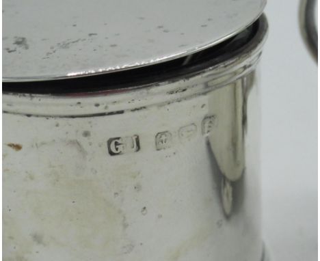 Geo. V silver mustard pot, oval form on ball feet, Sheffield 1919, Geo. V silver mustard pot of plain cylindrical form, Sheff