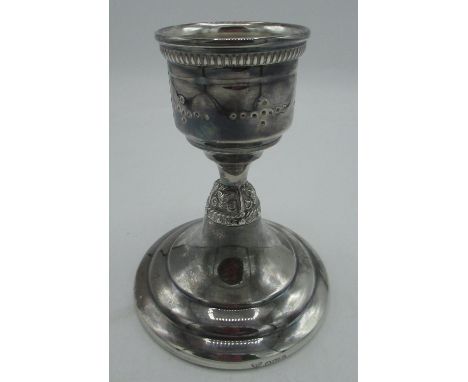 Hallmarked Sterling silver candlestick with pierced and relief decorated column by Garrard &amp; Co Ltd, Sheffield, 1983, H13