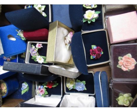 Collection of porcelain floral bouquet brooches and trinkets by Royal Doulton, Aynsley, Adderley etc 