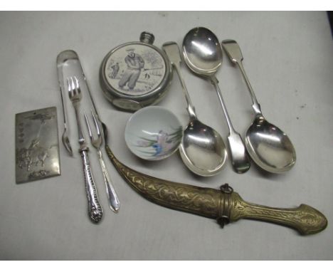 EPNS cutlery, Chinese white metal token, with character stamps, small oriental hand painted dish and a golfers pewter hip fla