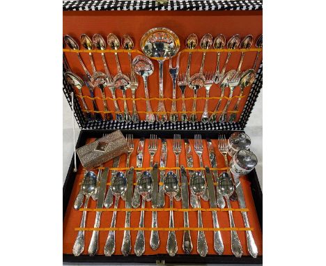 Canteen of cutlery for twelve covers stamped Italy 800, pair of Royal Worcester egg coddlers, and a white metal lidded trinke