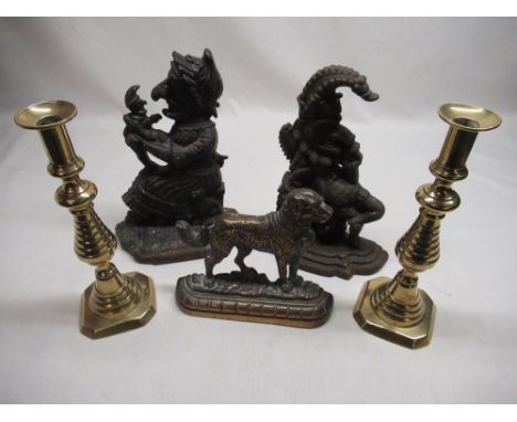 Pair of C19th brass candlesticks with beehive stems on square bases with canted corners bracket H31cm, pair of cast iron door
