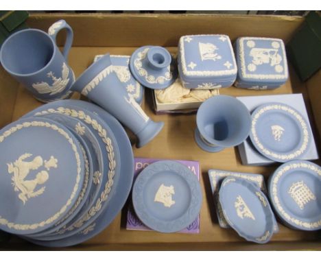 Collection of late C20th Wedgwood blue Jasperware to include commemorative plates, trinket boxes, vases some boxed, etc 