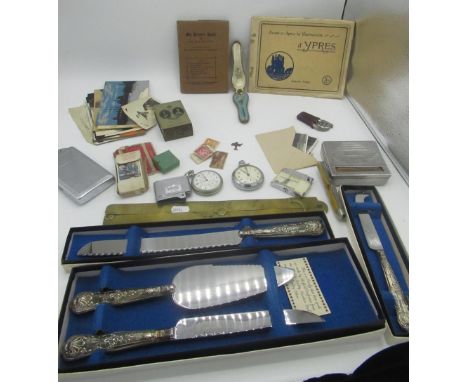 Postcards, Ingersoll pocket watch, Chronometer Judex pocket watch, stamps etc 