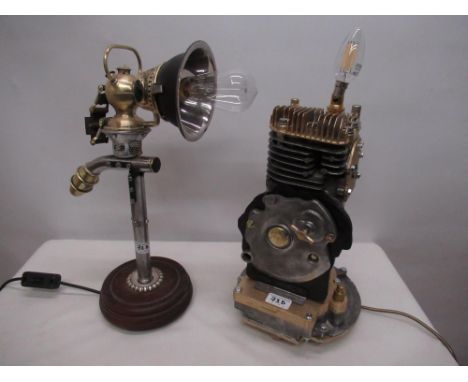 Two Steampunk industrial style table lamps repurposed from a small engine and a Miller spot lamp, H47cm (2) 