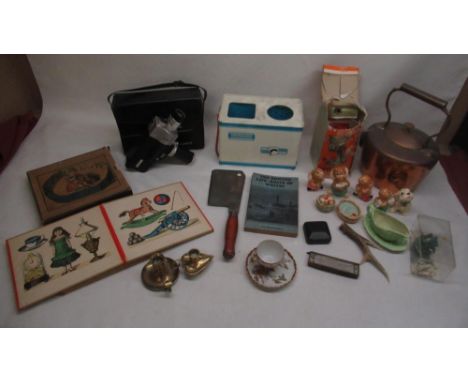 Crown 606 handheld camera, meat cleaver, copper kettle, Hoovermatic, Pendelfin figures, etc 