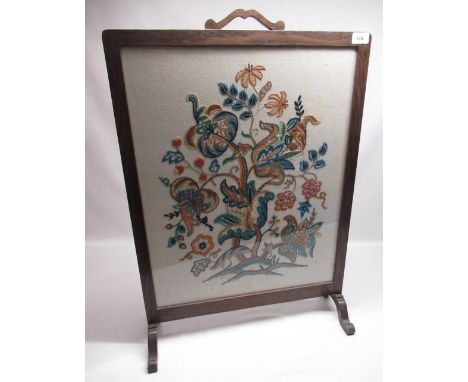 Oak embroidered fire screen decorated with flowers, W53cm H77cm 
