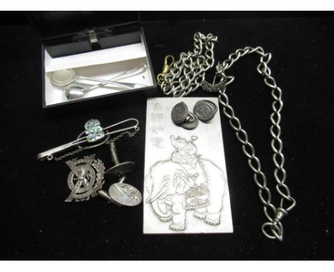 Two hallmarked sterling silver mustard spoons, sterling silver watch albert, pair of hallmarked sterling silver bright cut cu
