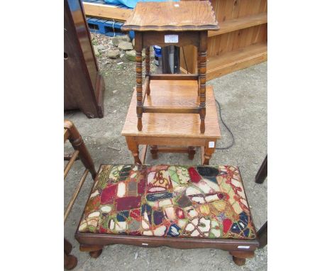 Geo. I style rectangular walnut footstool with upholstered drop in seat W66cm D34cm H24cm, nest of two oak ocassional tables 