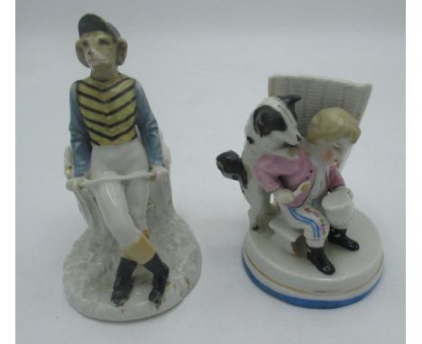 Ceramic figure of a greyhound dressed as a jockey and a figure of a child and dog (2) 